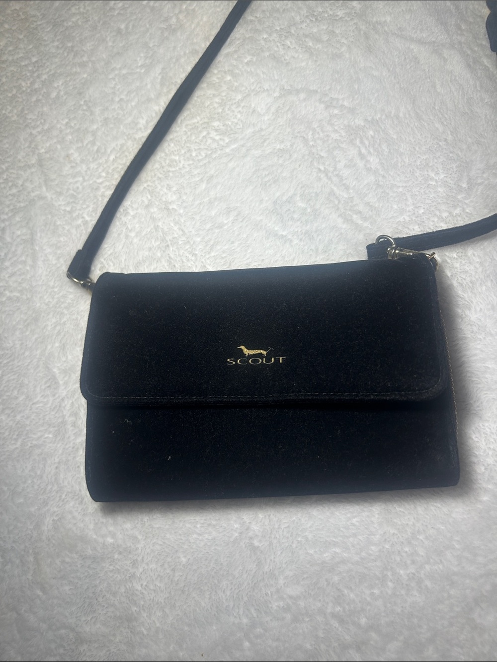 Scout Black Velvet Crossbody with Gold Logo